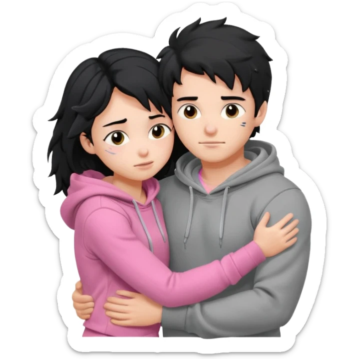 generate a pretty bratz fair skinned boy with messy black hair in a grey hoodie. Hugging his girlfriend who is wearing pink. Make him muscled. Boy in grey hoodie, girl in pink sticker