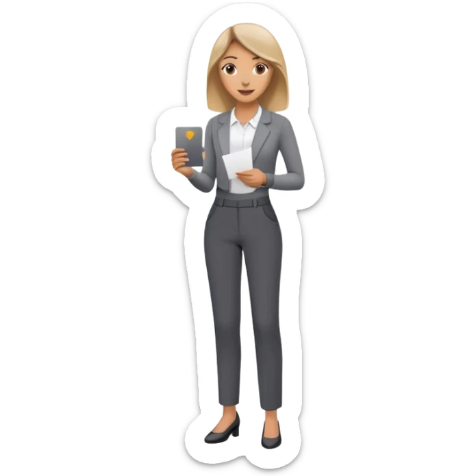 Woman in dark grey trousers holding a card in one hand sticker