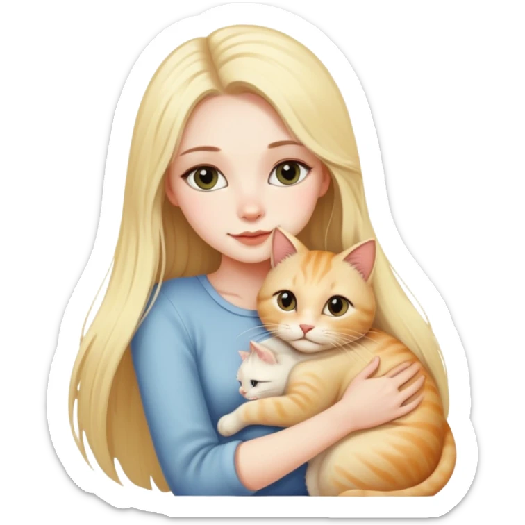 pretty woman with pale skin, very long blonde hair hugging a cat sticker