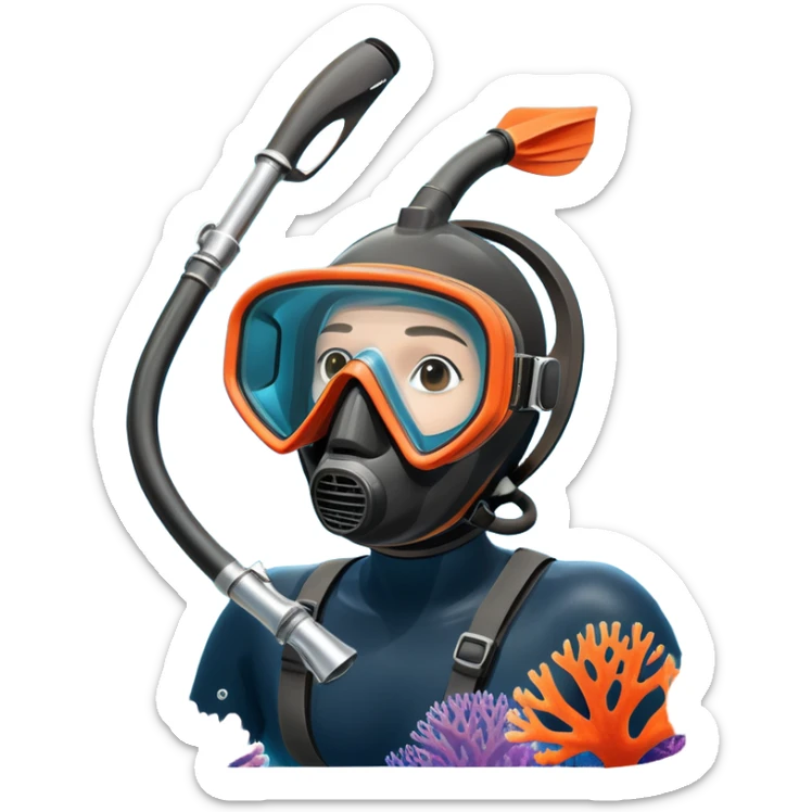 An icon featuring a close-up of a freediving mask and snorkel, with a breath-holding diver's fins, set against a vibrant underwater world. The design includes coral reefs, fish, and bubbles, symbolizing the serene beauty and thrill of freediving. Transparent background highlights the calm sticker