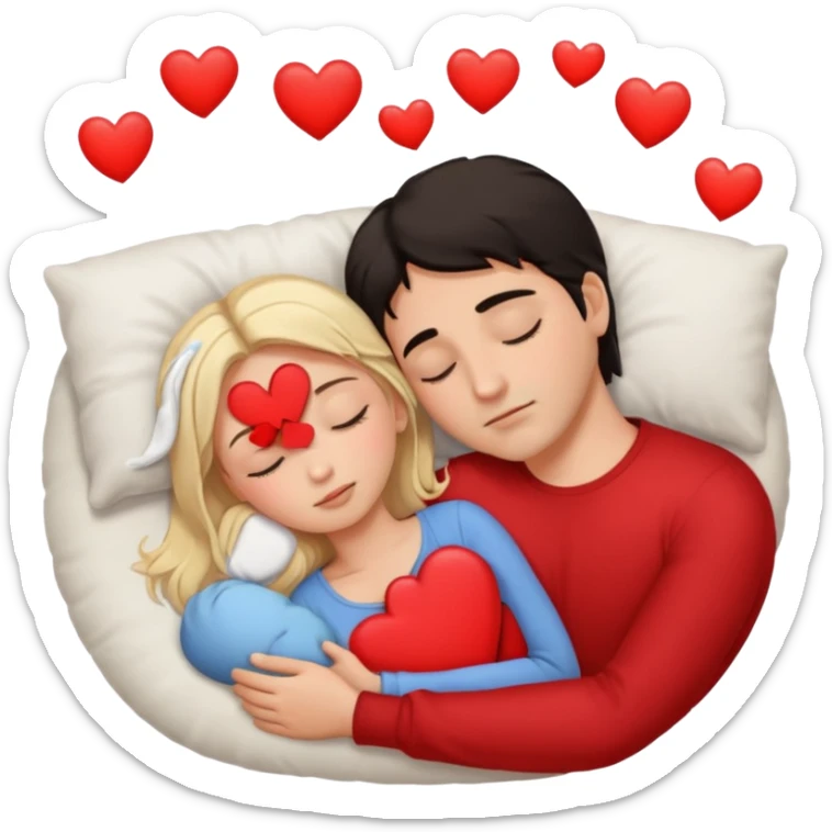 Sleeping couple. two people. man has dark hair. woman is blonde. hearts surrounding them. sticker