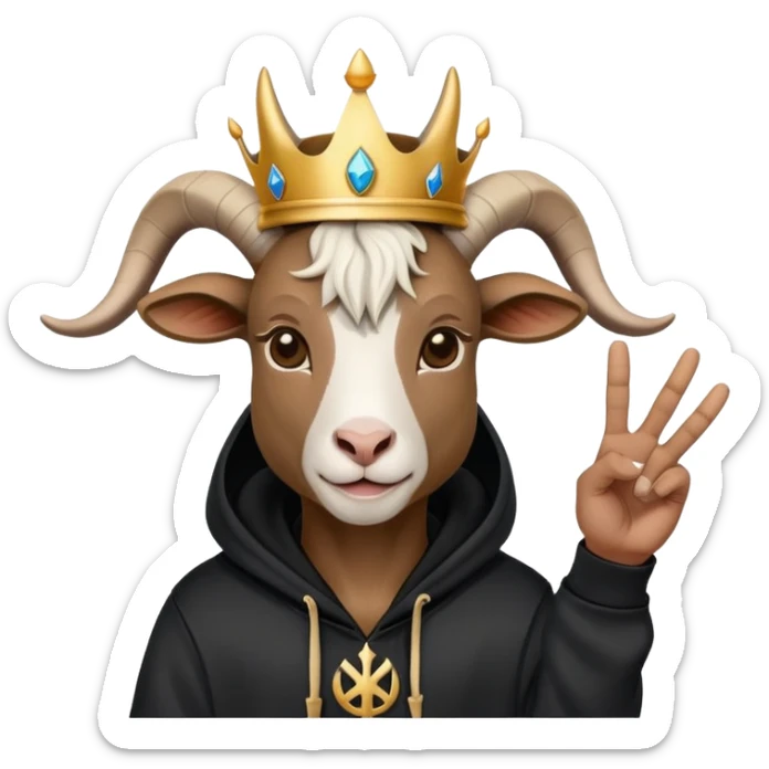 Goat with horns wearing black hoodie and a royal crown peace sign sticker