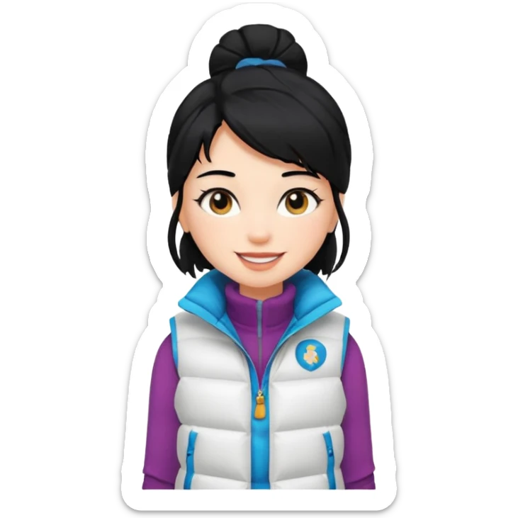girl with black hair in a white puffer vest with sass sticker
