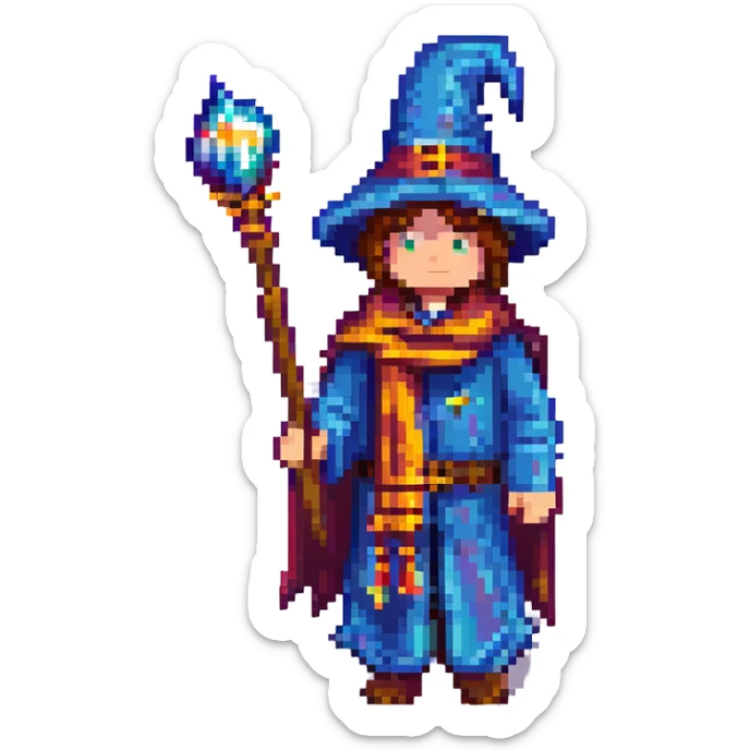 Minecraft-style emoji of a wizard with a scarf, inspired by Harry Potter, blocky and pixelated sticker