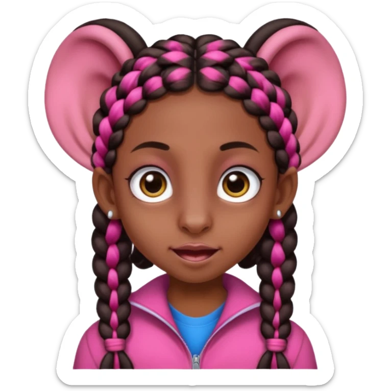 arikan, dark long hair whit pink and black braids. brown skin, smal face and a super big nose and super big ears. big eyes. big mouth sticker