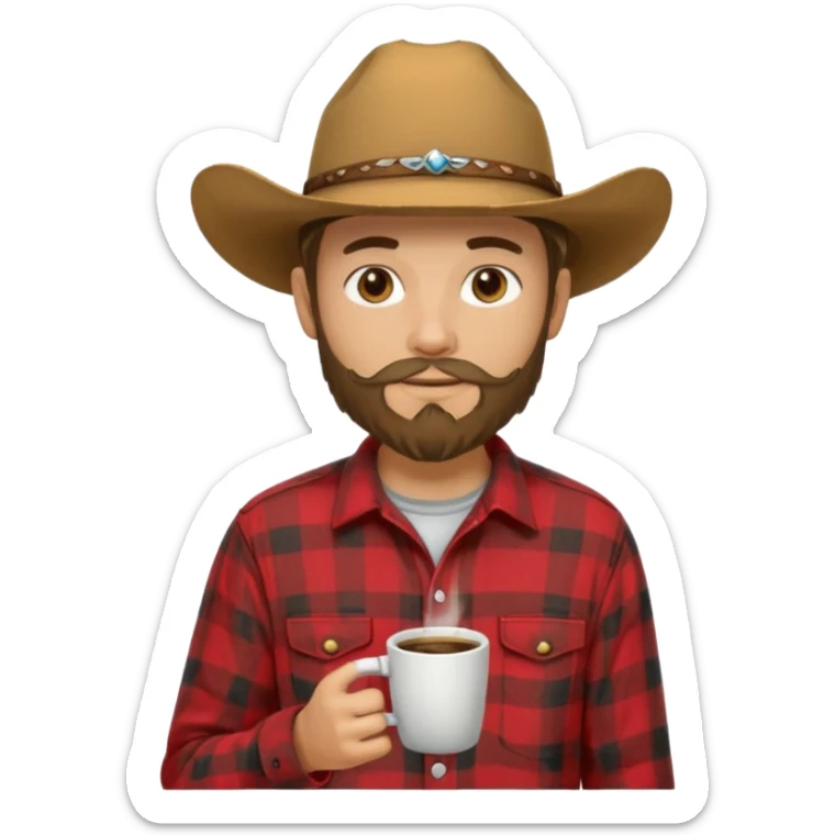 generate an ios genmoji of a 20 year old tan boy with a cowboy hat and french beard. Wearing a flannel and carrying a coffee mug sticker