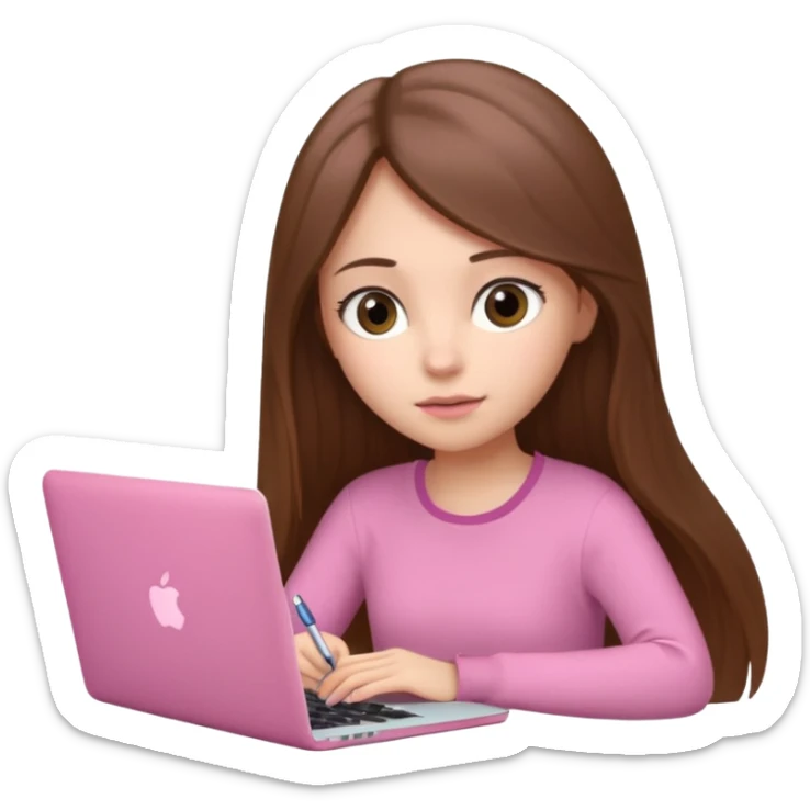 Chica lacia peli larga y peli larga  en una MacBook rosa investigando y haciendo tareas con un libro de apuntes y con cara muy linda como modelo sticker