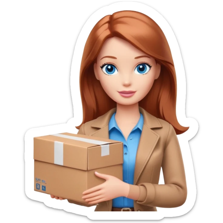 Barbie with blue eyes, shoulder-length reddish-brown hair and brown clothes holds a package box sticker