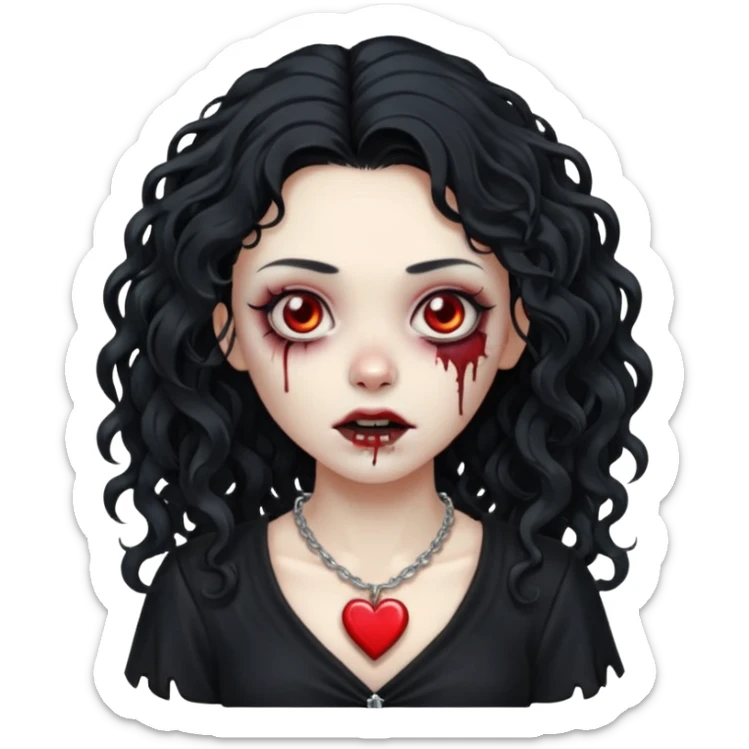 a zombie girl with a scar on her face, long curly hair, wearing a black blouse and a silver necklace with a heart pendant. sticker
