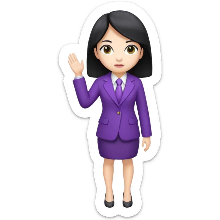 a full body mascot emoji of an Asian female with white skin, big eyes, middle-length black hair which is right at the shoulder, wearing purple business coat and formal suit. Cartoon style. Based on https://attic.sh/fo2aiwi8rc6a78g57vqif7y6z117 sticker