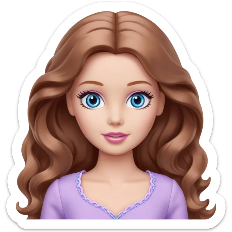 Barbie girl Chestnut long wavy hair and blue eyes is In pale purple clothes There are grey hearts above the head sticker