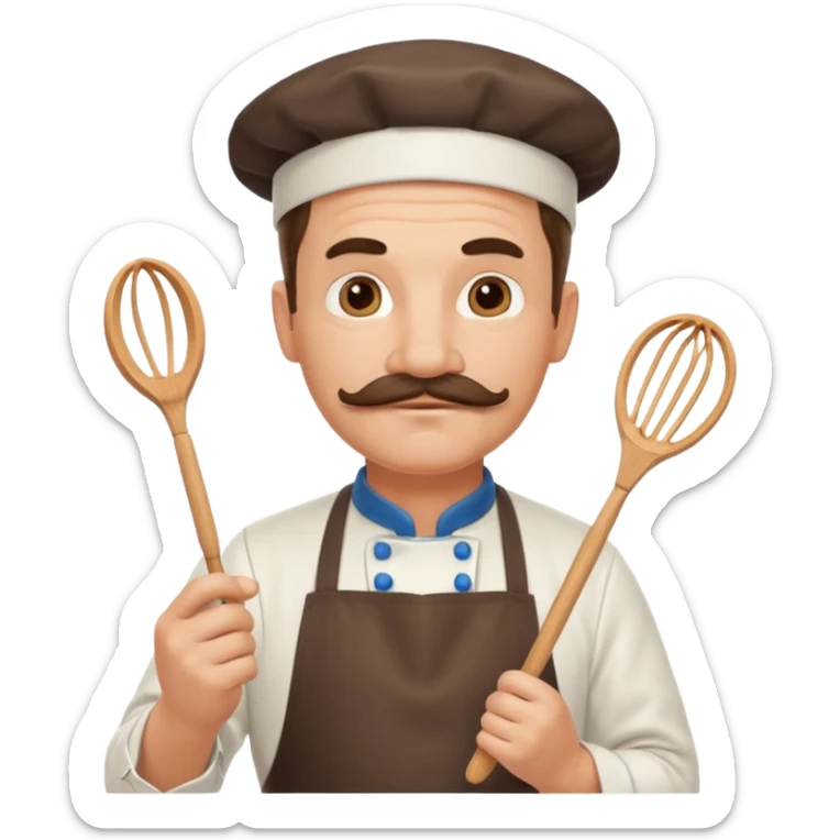Middle-aged male pastry chef – mustache, wearing apron and whisk in hand
 sticker