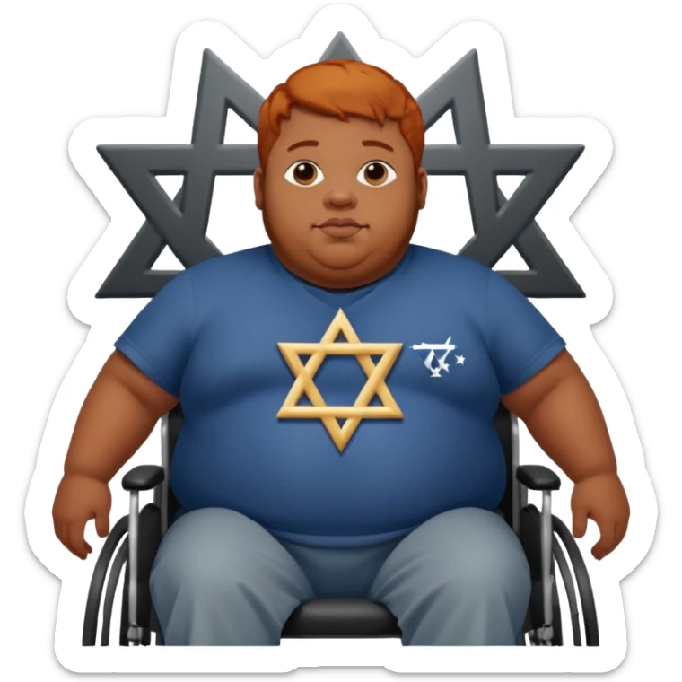 Obese Down syndrome black man with ginger hair in a wheelchair with a Jewish symbol  sticker