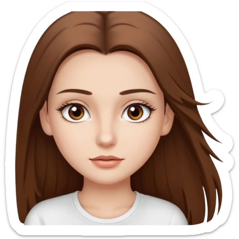 Chica de pelo liso ,largo y marrón con ojos color marrón  y una camiseta blanca y la piel blanca con pestañas y maquillada clean look sticker