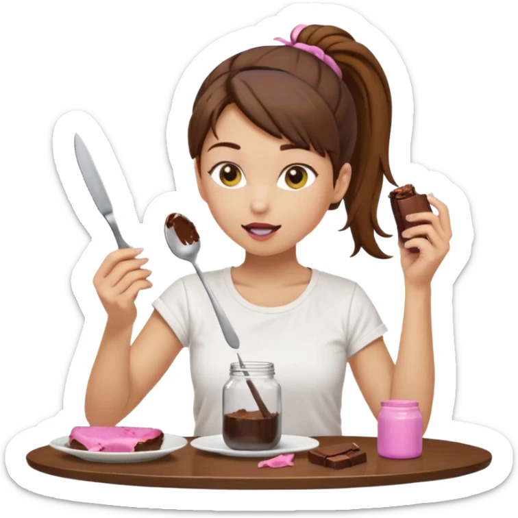 yellow-skinned woman with brown hair in a ponytail, wearing a white T-shirt. She’s sitting at a table, licking chocolate off a knife and holding a 'Banado' jar. On the table: a plate with crumbs, a fork, a glass of dark drink, and a pink lid. Simple brown background. sticker