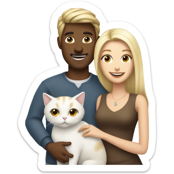 Couple brunette man and blonde woman with white cat sticker