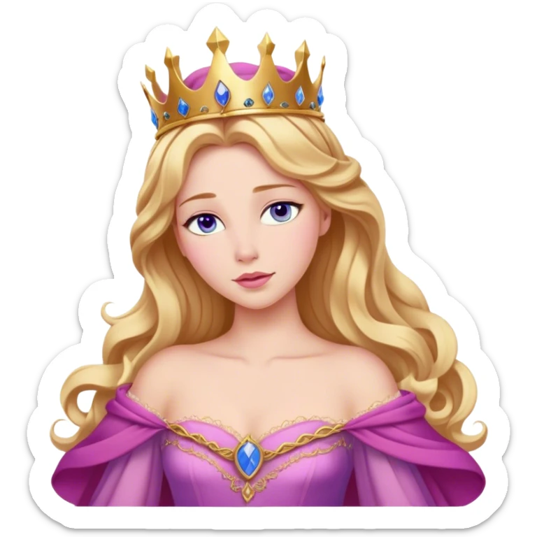 Cinematic Realistic Sleeping Beauty (Aurora) Portrait, with porcelain-like skin featuring a natural rosy flush, illuminated by soft lighting that highlights the gentle contours of her face. Her golden blonde hair flows in soft, detailed waves with subtle highlights that shimmer in the light. Her deep violet-blue eyes radiate warmth and innocence, framed by arched brows and long lashes. Her serene expression exudes quiet elegance. She is dressed in her classic pink gown, the fabric rich in texture with delicate folds that catch the light. A golden crown rests atop her head, gleaming with royal refinement. The portrait captures a soft, glowing aura, blending realism with an ethereal sense of beauty and timeless enchantment. sticker