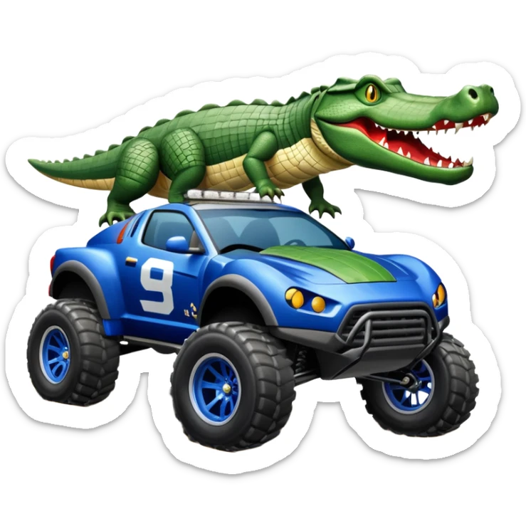 Dirty Joke’s Midnight-blue Local Motors Rally Fighter off road race car being driven by a five foot tall alligator, sitting in the driver’s seat, over a dirt ramp  sticker