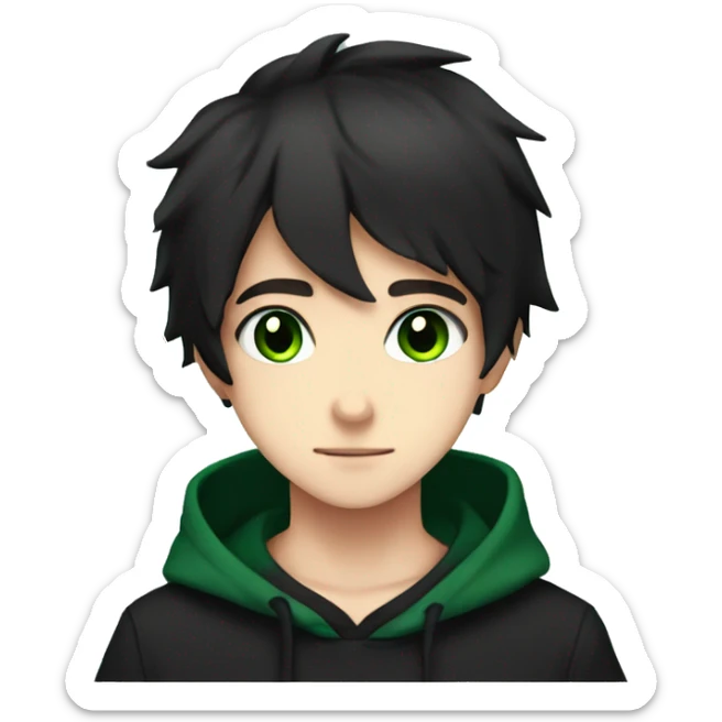 anime boy dark hair dark green eyes in black hoodie in love with hearts  sticker