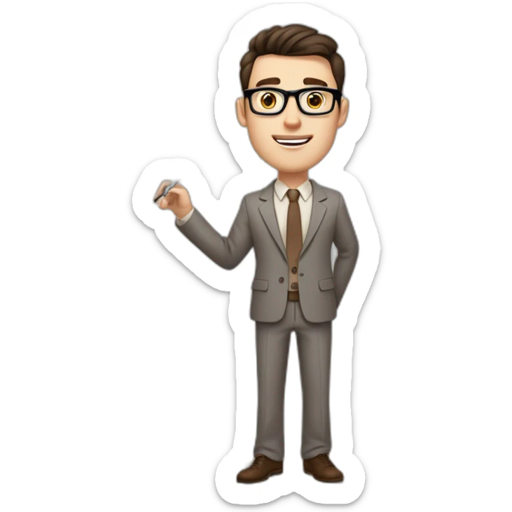 Pale skinned fit man with dark brown hair in gray jacket, beige office shirt, brown tie, brown pants and vintage glasses Writing on the flipchart sticker