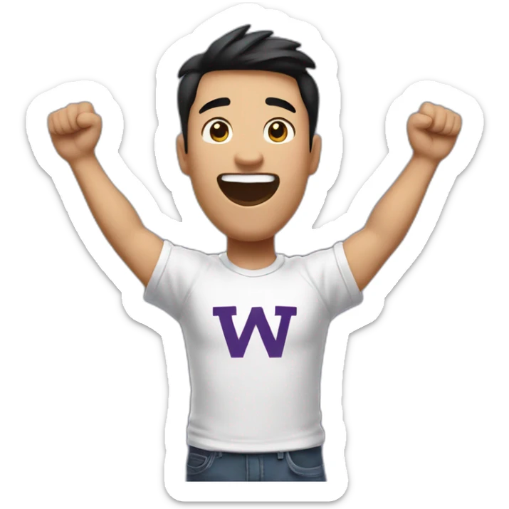 torso of excited man (more Asian)  with arms raised wearing UW Husky t-shirt above head sticker