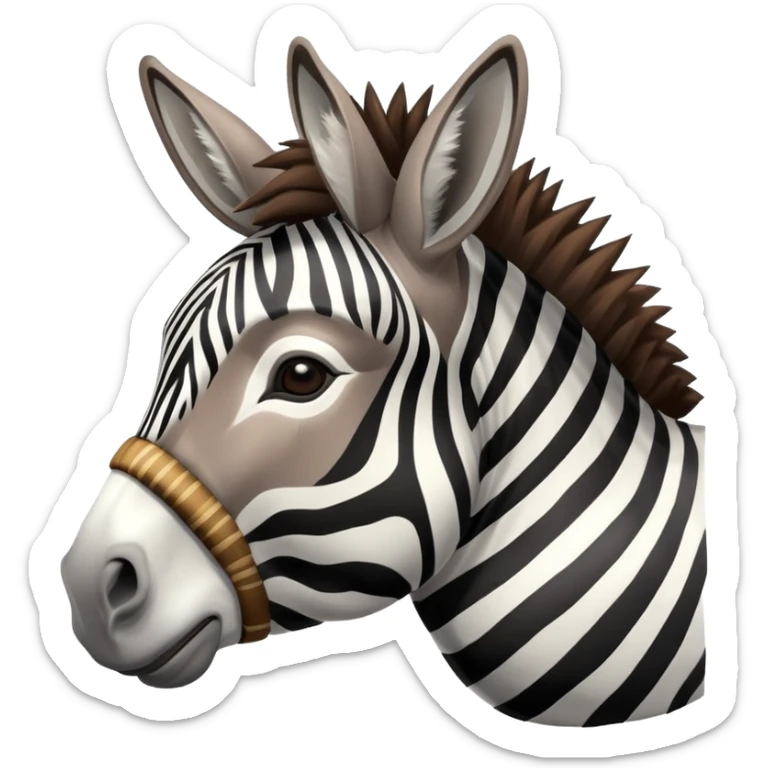 A donkey with a zebra head, donkey body with brown fur and zebra head with black and white stripes sticker