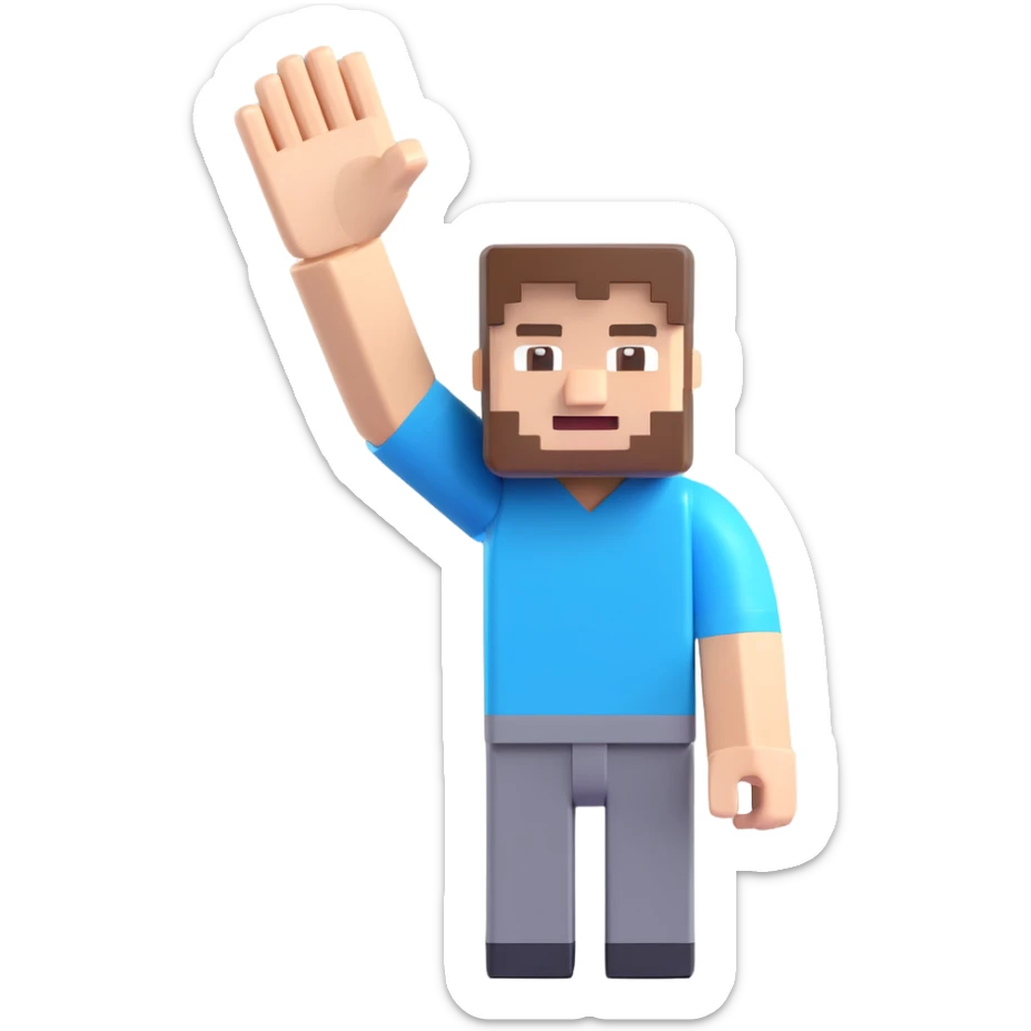 Minecraft Steve waving, blocky body, blue shirt, friendly smile, 3D emoji style sticker