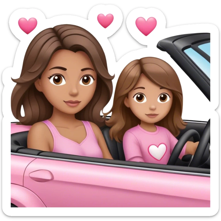 A mom brown long balayage Hair and one daughter Children white and brown hair,  driving in pink convertible with hearts  sticker