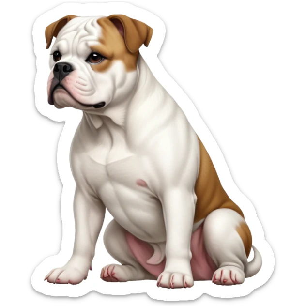 cinematic-[american bulldog]-realistic-full-body-sitting-emoji,-tail-resting-loosely-beside-its-paws,-head-tilted-dramatically,-fluffy-[colour]-fur,-simplified-yet-realistic-focused-features,-highly-detailed,-glowing-with-an-almost-sarcastic-glow sticker