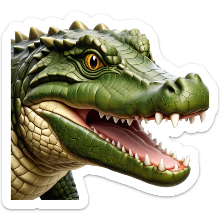 Cinematic Realistic Noble Crocodile Portrait Emoji, Poised and formidable, with a massive, muscular build and a rugged, intricately textured scaly hide in deep olive-green with natural camouflaged patterns, a powerful, fearsome jaw and piercing, ancient eyes rendered in lifelike detail, high shine, intelligent and imposing, styled with an air of primal authority, focused and attentive, soft glowing outline, capturing the essence of a watchful and confident crocodile that appears ready to surge out of the screen with effortless power! sticker