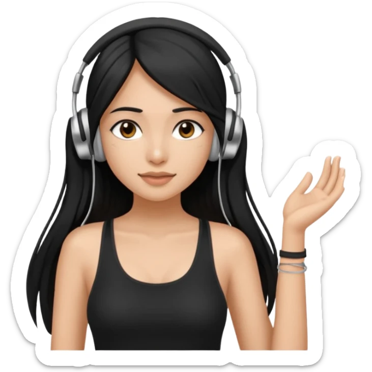 a fair INDIAN girl with straight black long hair, wearing a black cami top. and wearing silver  headphones on sticker