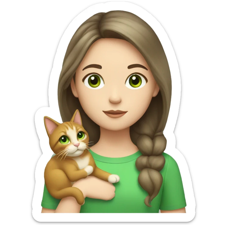 girl with dark blond hair and green eyes, holding a cat with 3 colors sticker