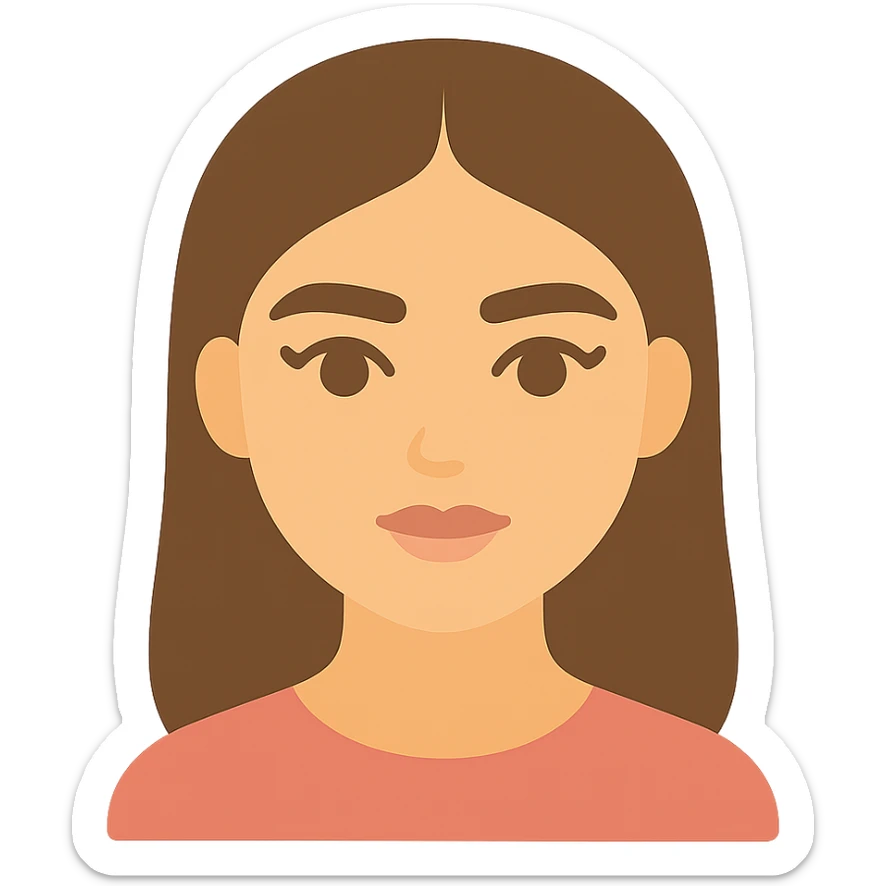 pretty girl with thick eyebrows, straight brown hair and brown eyes, curled eyelashes, color icon sticker
