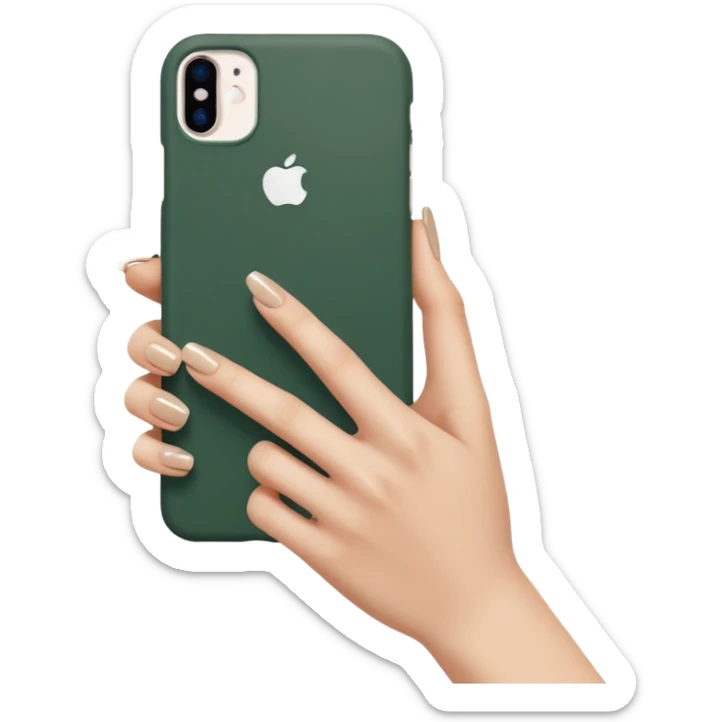 female hand with nude manicure (5 fingers) holding a white iPhone in a dark green case, minimalism, angled view sticker