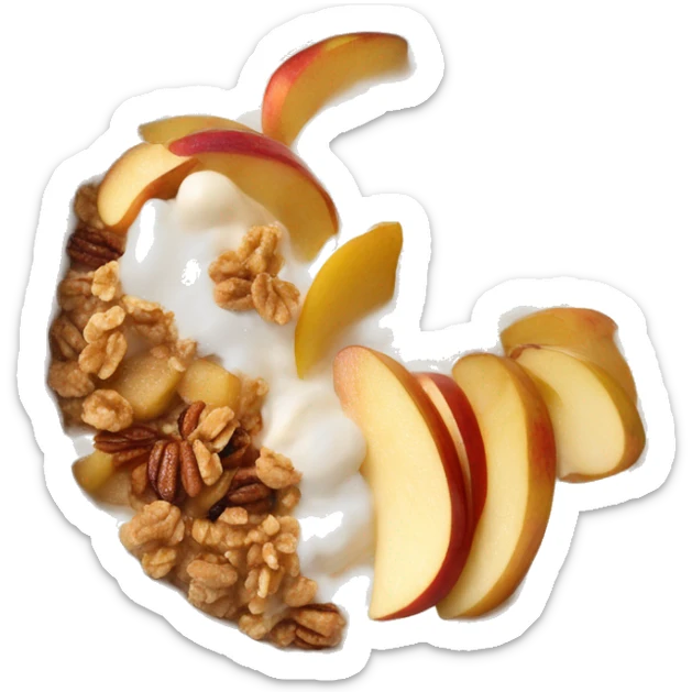 Vanille Porridge in a beige Bowl with caramelized Apples and granola and yoghurt sticker