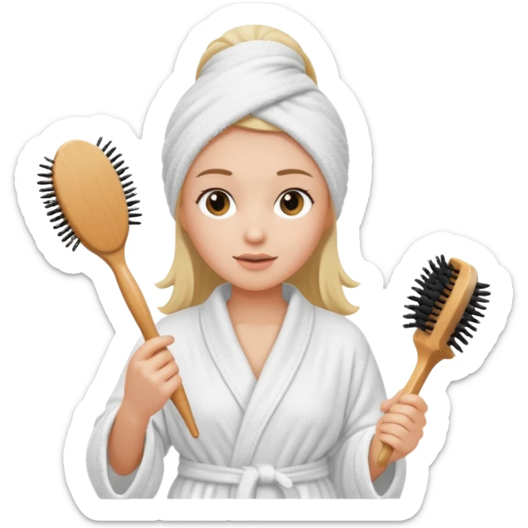 Women wearing shower robe an their hair with towel holding a brush sticker
