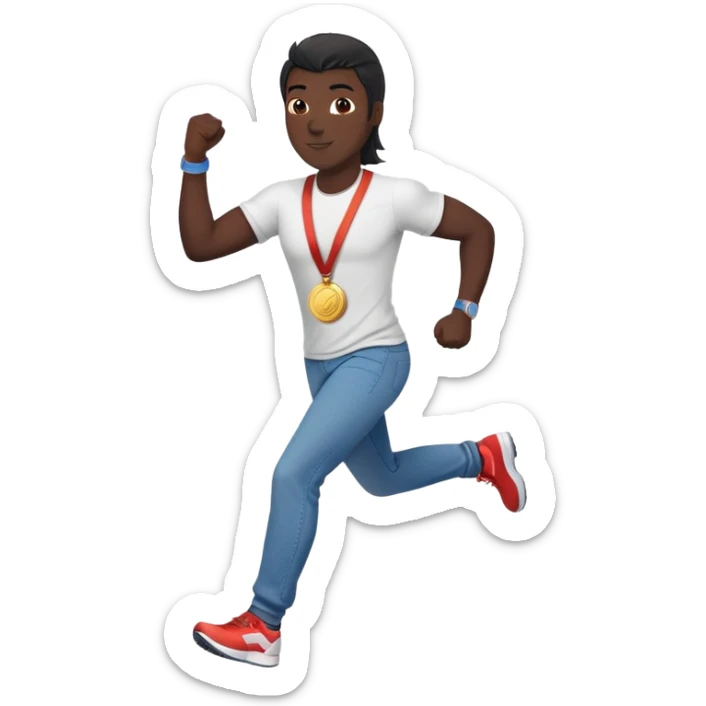 friendly anthropomorphised black stallion in jeans and a t-shirt, jogging upright in standard pose, holding a medal sticker