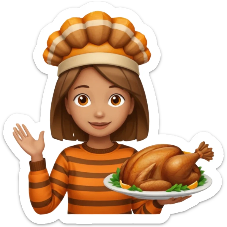 happy tan girl with an orange striped sweater and a cooked browned turkey on her head  sticker