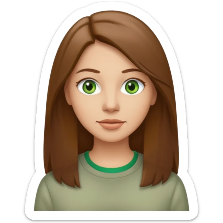 Adult woman avatar, light skin tone, oval face, straight long brown hair, green eyes, neutral mouth, casual  sticker