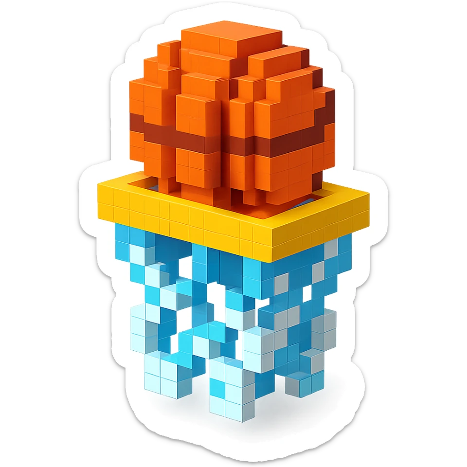 A voxel-style basketball in a net sticker