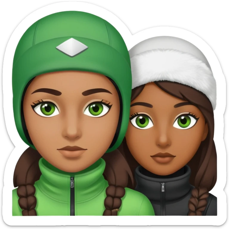 Green eyed brown girl and green eyed white guy in ski masks sticker