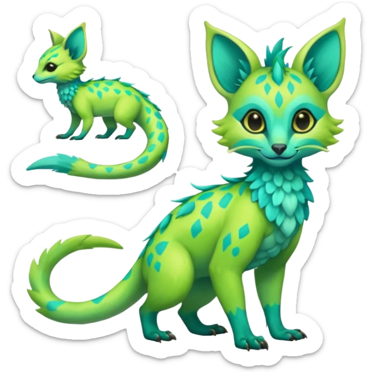 Feral Rare Fantasy vibrant tropical exotic neon-lime green and cyan Vernid-Trico-species-creature by LiLaiRa, random markings, tufted tail, tufted ears, full body sticker