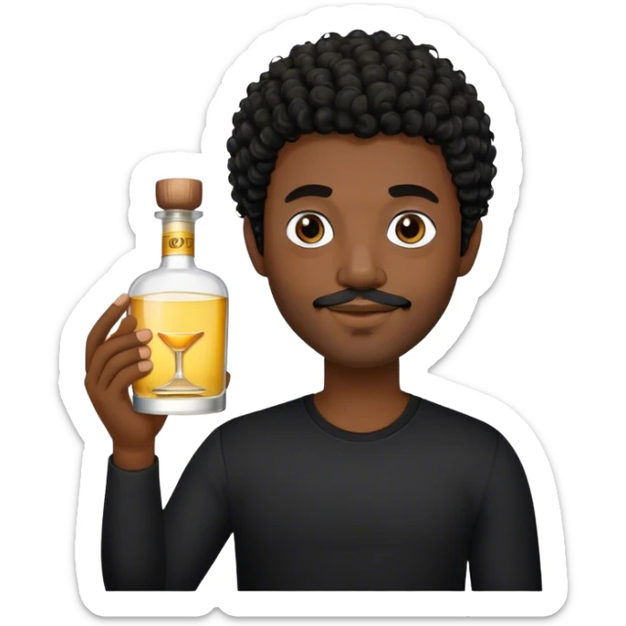 dark black guy, short curly hair, facial hair, holding tequila, black shirt  sticker