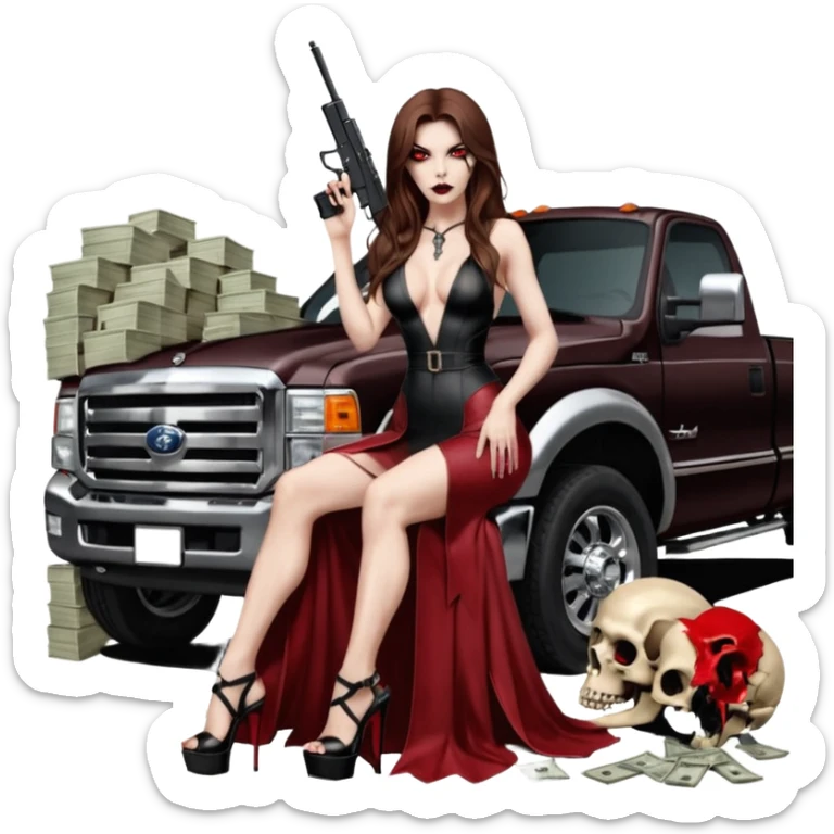 Lilith symbol red eye seductress evil long brown haired sexy succubus woman with leather long dress with slit, sitting in Big Large F350 pickup truck. Black Platform high heels on feet. Back of truck full of stacks of cash, sitting behind her is  a human skull with a gun in other hand sticker