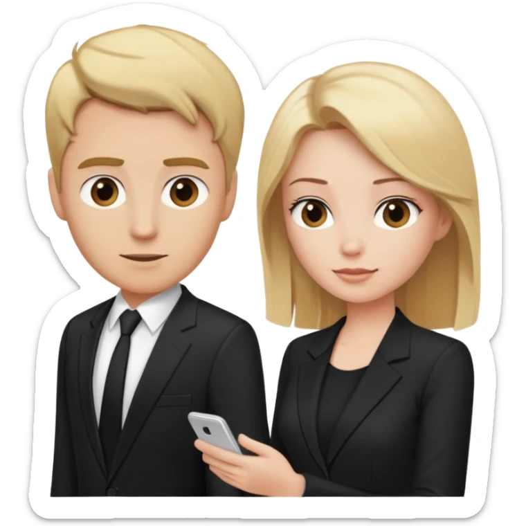 blonde woman in black suit talking to brown-haired man in white t-shirt sticker