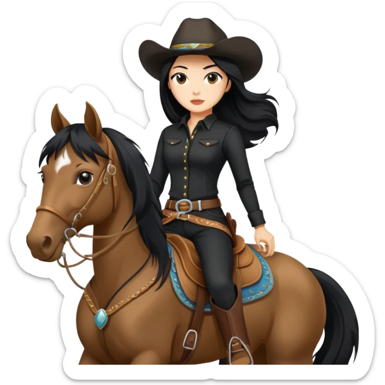 confident Asian woman with long black hair wearing black outfit riding a horse cowgirl style sticker