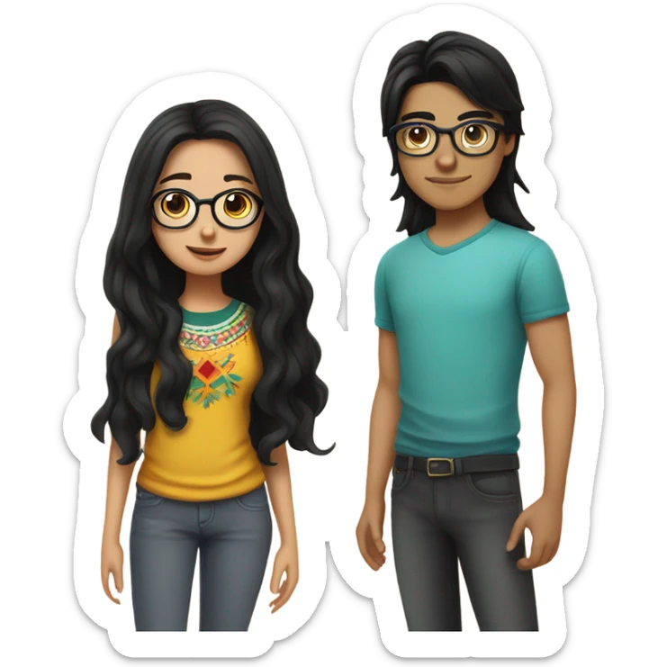 teen mexican couple together boy with glasses and black hair, the girl has long dark hair and is has light fair skin sticker