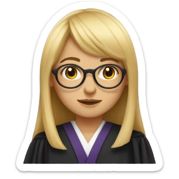 blonde straight hair girl with bangs, round eyeglasses, with judge's robe sticker