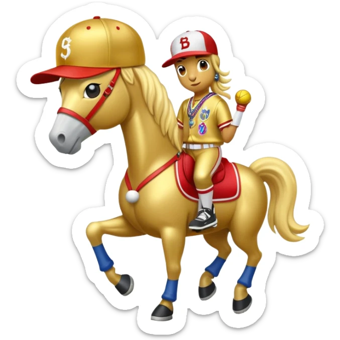 anthropomorphised horse dressed like a member of RUN DMC, hip-hop outfit, gold medal, baseball hat sticker