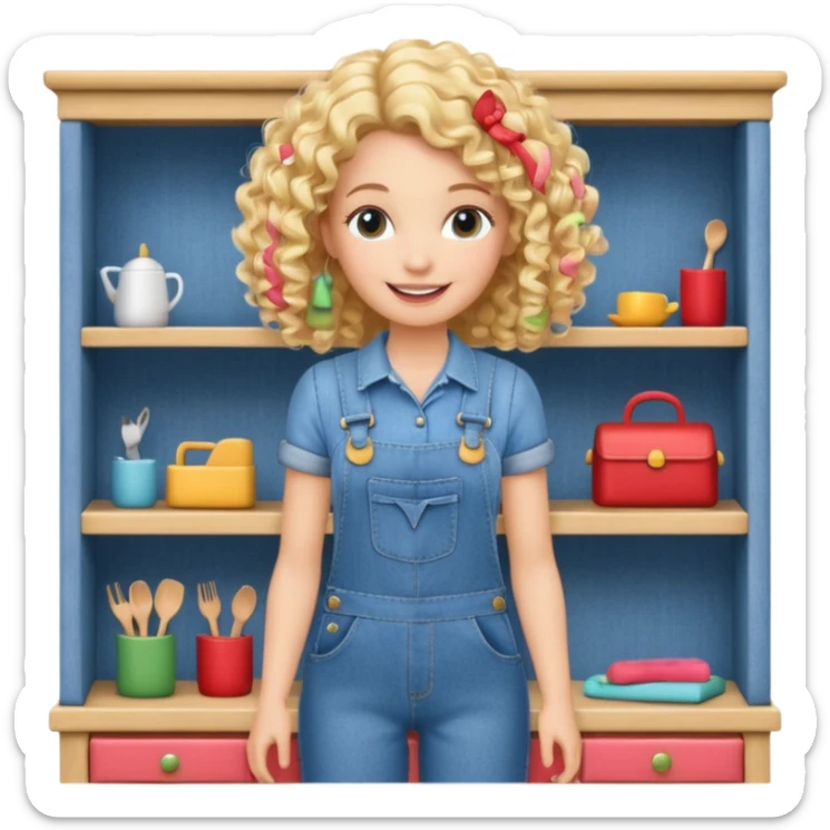 smiling blonde curly woman arranging furniture in doll house with overalls sticker